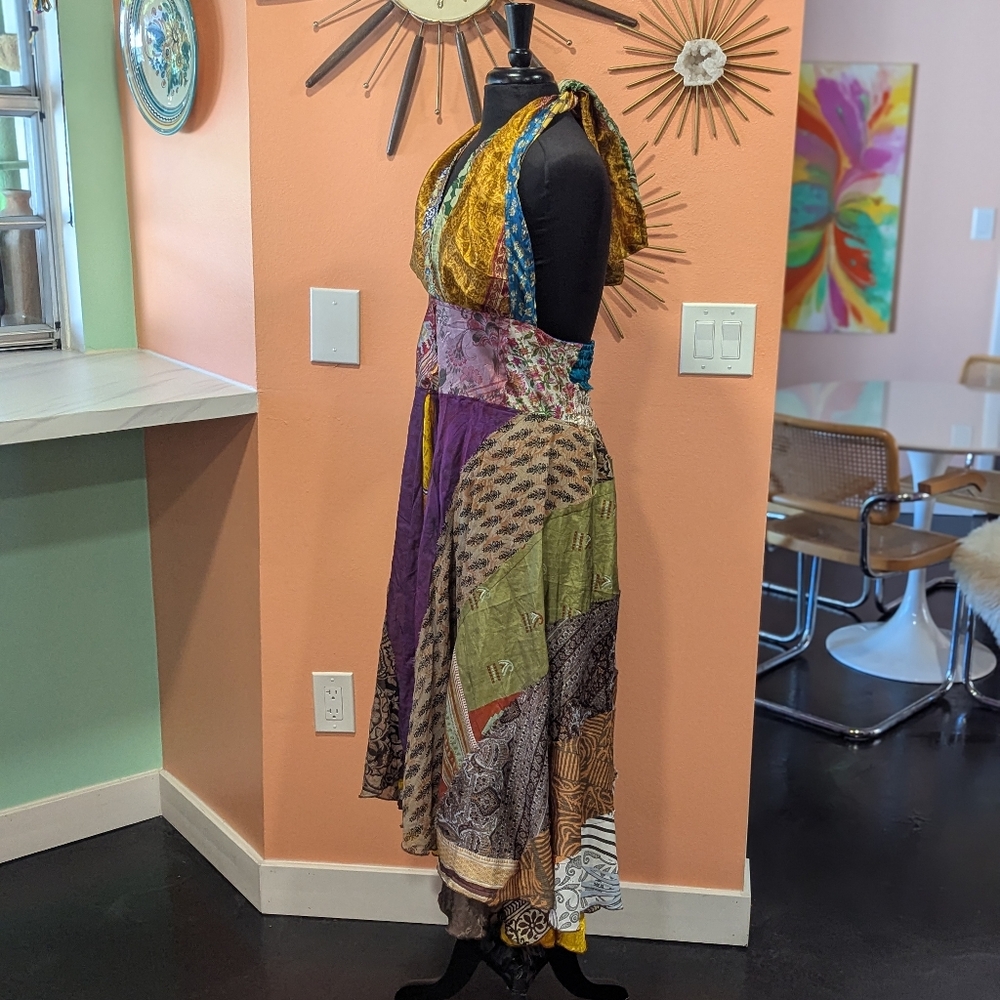 Bohenian Jack Pot Silk Multicolor Patchwork Halter Dress Maxi Festival - Picture 10 of 16